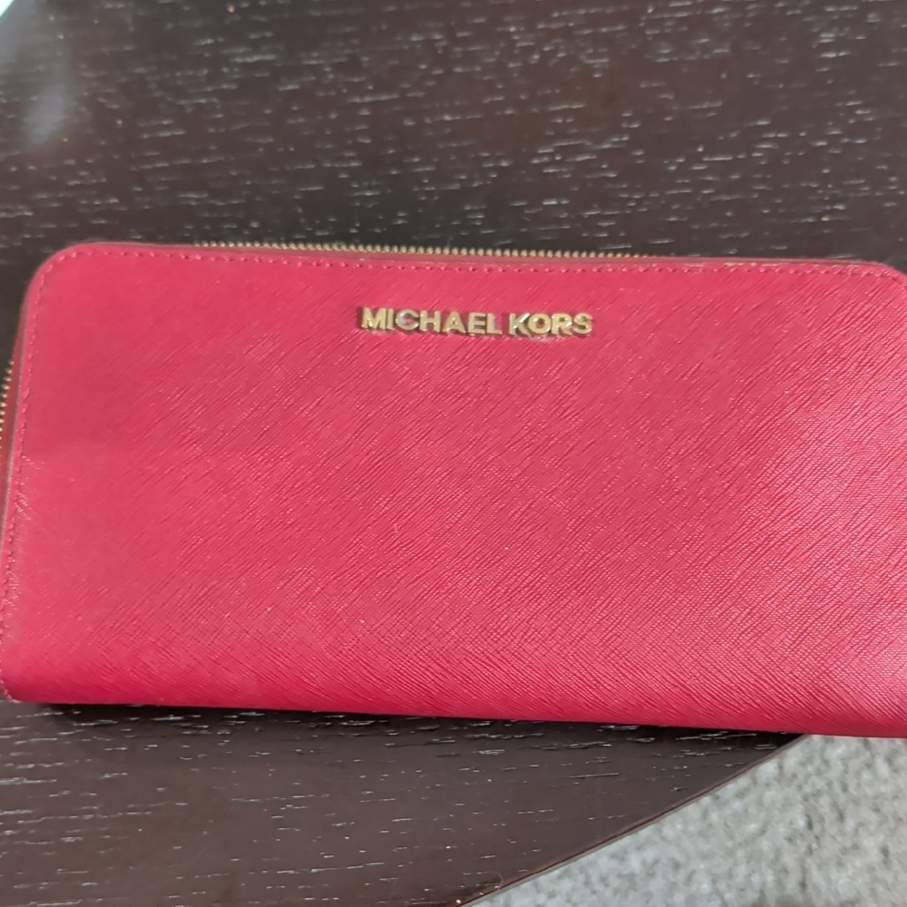 Michael Kors Pink Saffiano Zip Around Wallet with Gold Logo